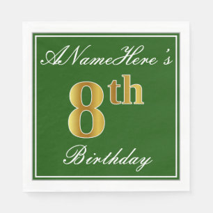 Serviette Jetable Elégant Vert, Faux Or 8ème Anniversaire ; Nom pers