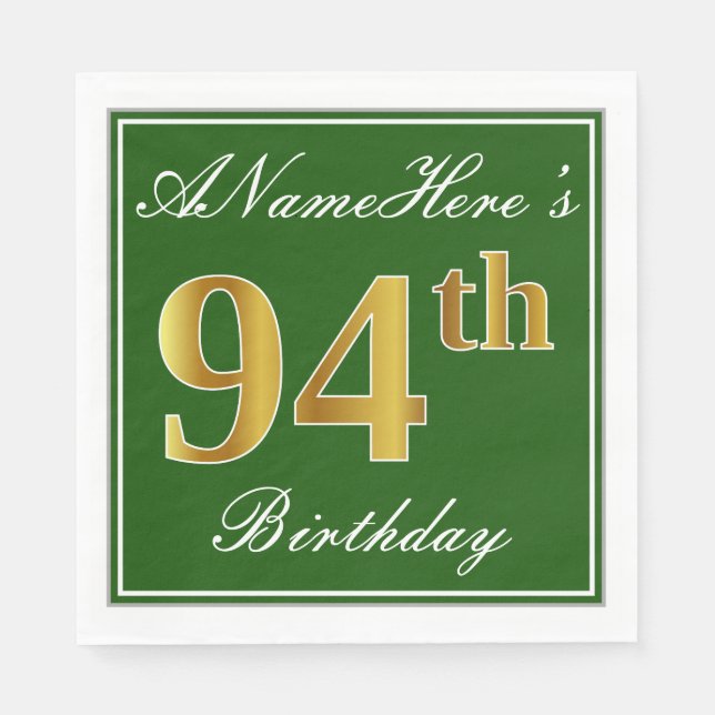 Serviette Jetable Elégant Vert, Faux Or 94ème Anniversaire + Nom (Devant)