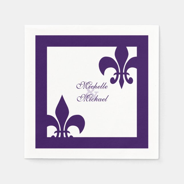 Serviette Jetable Élégant violet blanc Fleur de Lis Mariage (Devant)