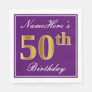 Serviette Jetable Elégant violet, Faux Gold 50e anniversaire + Nom