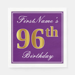 Serviette Jetable Elégant violet, Faux Gold 96ème anniversaire + Nom