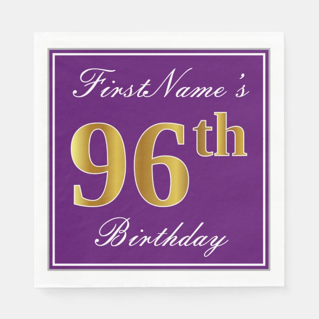 Serviette Jetable Elégant violet, Faux Gold 96ème anniversaire + Nom (Devant)