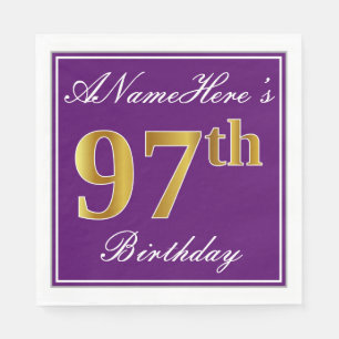 Serviette Jetable Elégant violet, Faux Gold 97ème anniversaire + Nom