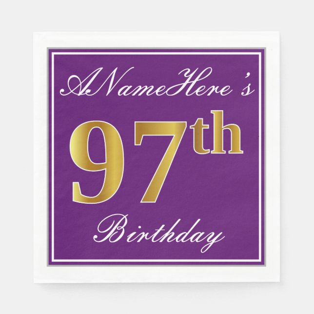 Serviette Jetable Elégant violet, Faux Gold 97ème anniversaire + Nom (Devant)
