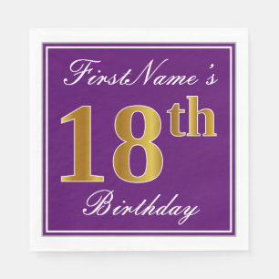 Serviette Jetable Elégant violet, Faux Or 18ème anniversaire + Nom