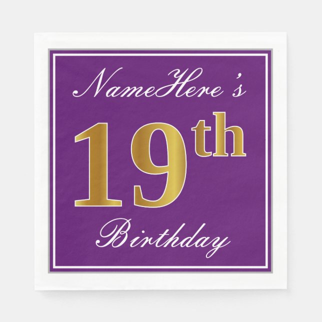 Serviette Jetable Elégant violet, Faux Or 19ème anniversaire + Nom (Devant)
