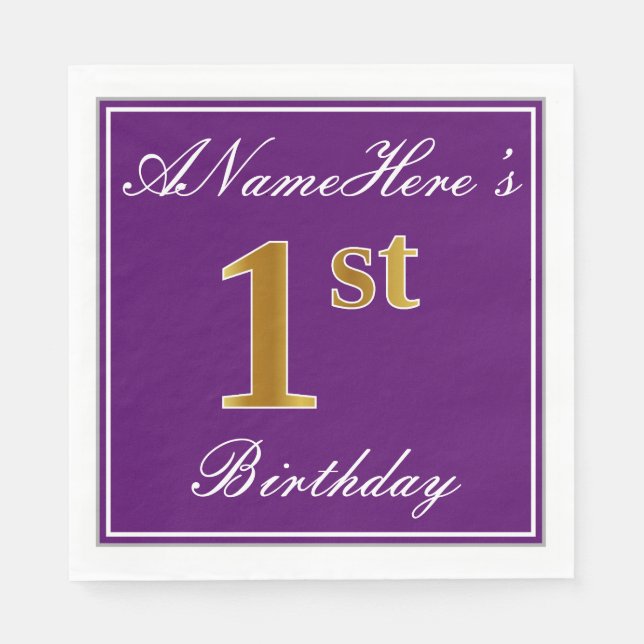 Serviette Jetable Élégant violet, Faux Or 1er anniversaire + Nom (Devant)