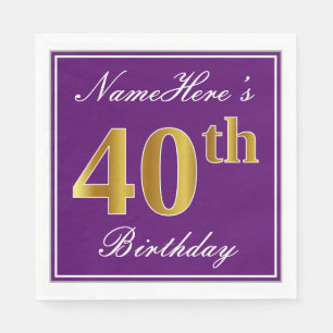 Serviette Jetable Elégant violet, Faux Or 40ème anniversaire + Nom