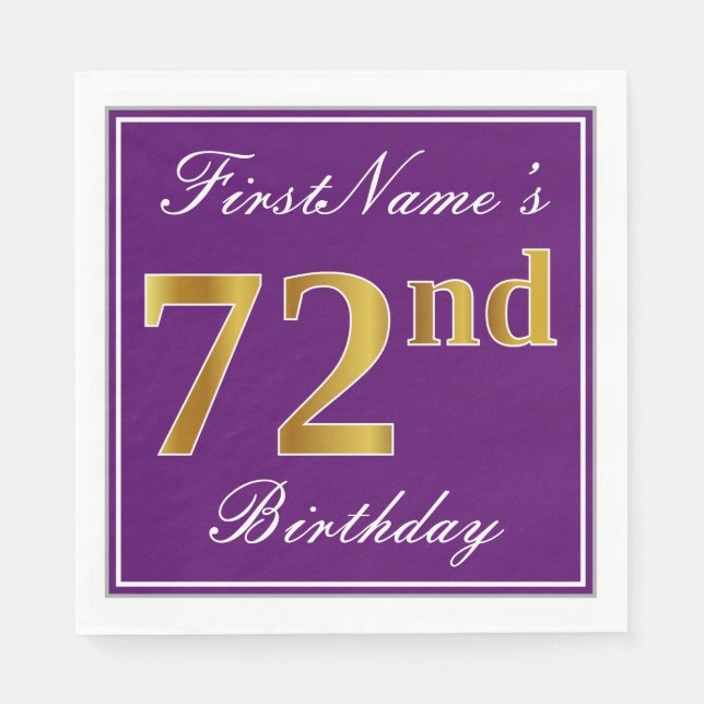 Serviette Jetable Élégant violet, Faux Or 72ème anniversaire + Nom (Devant)
