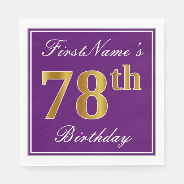 Serviette Jetable Élégant violet, Faux Or 78ème anniversaire + Nom (Devant)