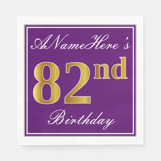 Serviette Jetable Élégant violet, Faux Or 82ème anniversaire + Nom (Devant)