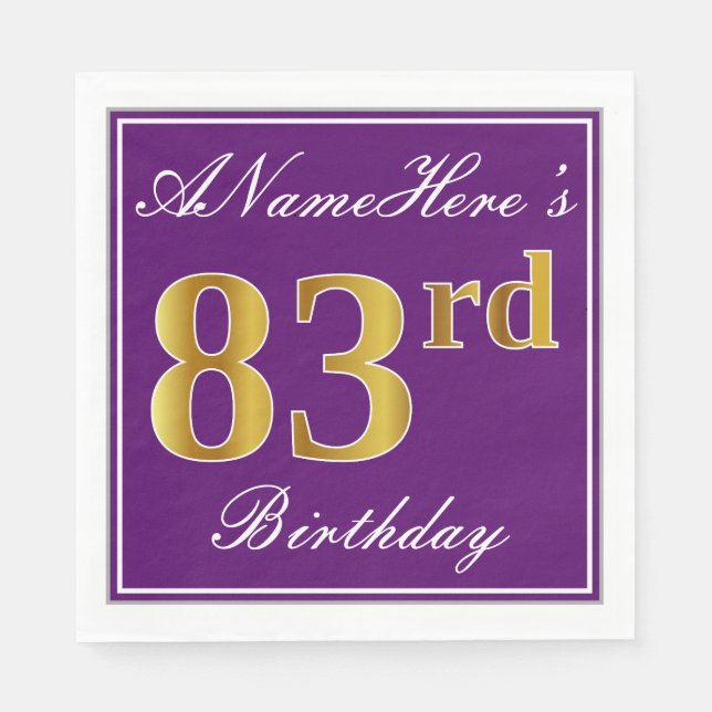 Serviette Jetable Elégant violet, Faux Or 83ème anniversaire + Nom (Devant)
