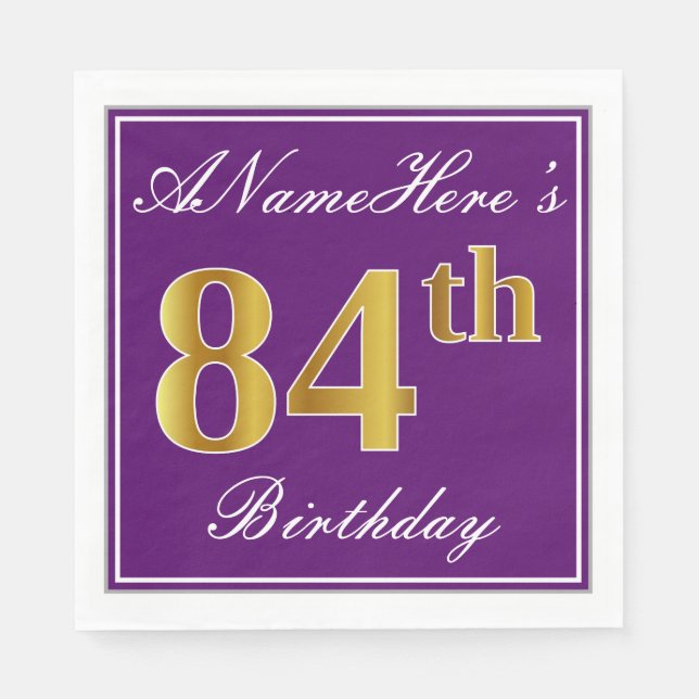 Serviette Jetable Elégant violet, Faux Or 84ème anniversaire + Nom (Devant)
