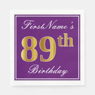 Serviette Jetable Elégant violet, Faux Or 89ème anniversaire + Nom