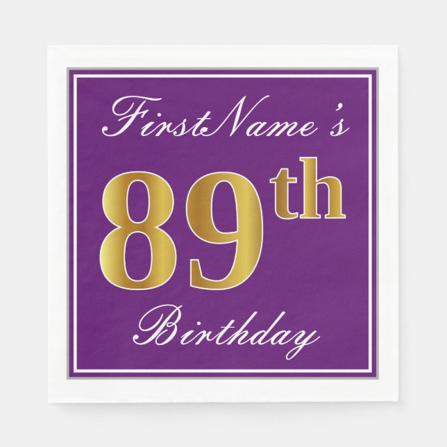 Serviette Jetable Elégant violet, Faux Or 89ème anniversaire + Nom (Devant)