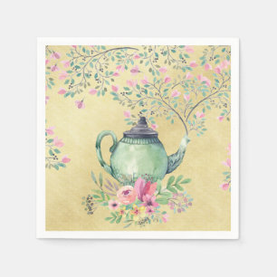 Serviette Jetable Elégante Aquarelle Teapot et Fleurs Or