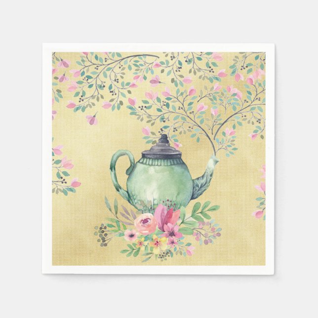 Serviette Jetable Elégante Aquarelle Teapot et Fleurs Or (Devant)