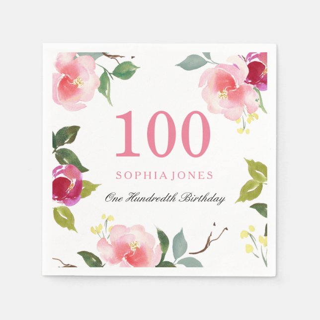 Serviette Jetable Élégante Soirée florale rose 100e anniversaire (Devant)