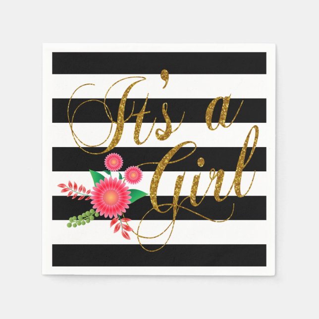 Serviette Jetable Élégantes rayures noires et blanches avec fleurs r (Devant)