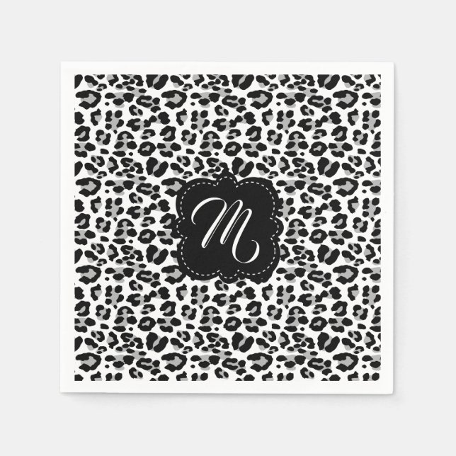 Serviette Jetable Empreinte de léopard noir et blanc avec monogramme (Devant)
