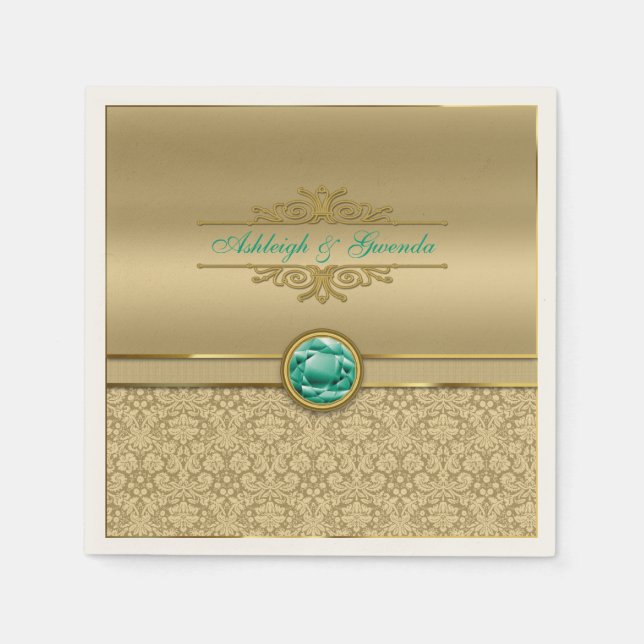 Serviette Jetable Faux Emerald Green Gemstone Metallic Gold Damask (Devant)