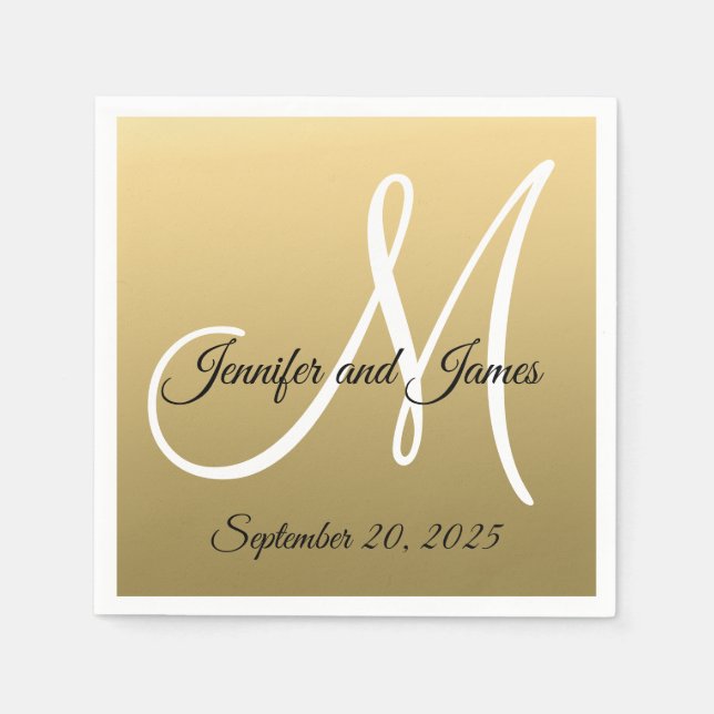 Serviette Jetable Faux Gold Foil Elegant Monogramme Noms Mariage (Devant)