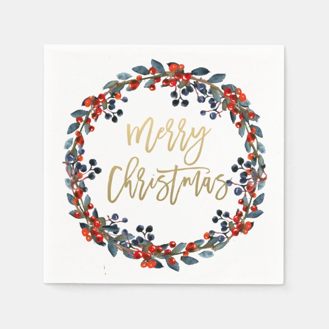 Serviette Jetable Faux Gold Joyeux Noël Berries Fête (Devant)