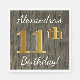 Serviette Jetable Faux Wood, Faux Gold 11e anniversaire + Nom person