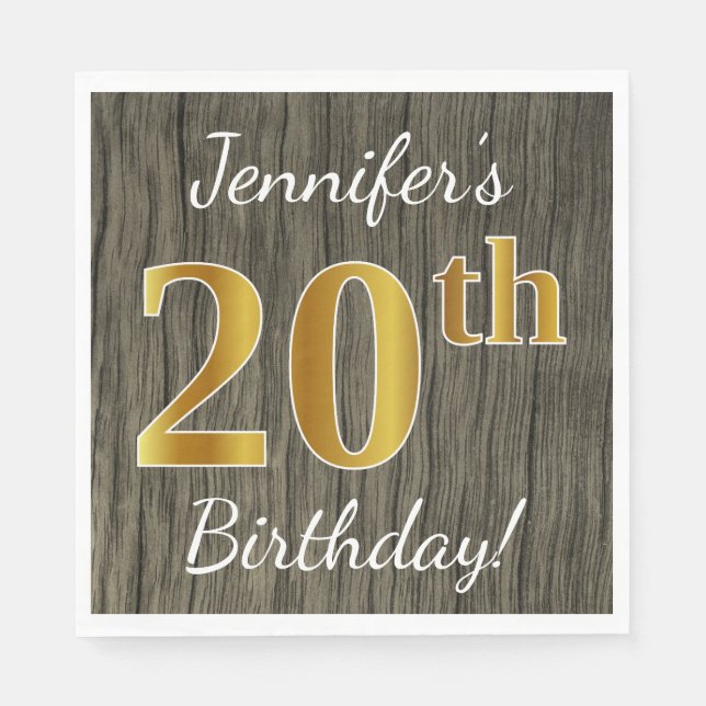 Serviette Jetable Faux Wood, Faux Gold 20e anniversaire + Nom person (Devant)