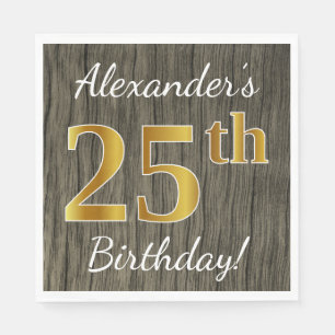 Serviette Jetable Faux Wood, Faux Gold 25e anniversaire + Nom person