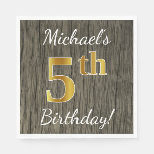 Serviette Jetable Faux Wood, Faux Gold 5e anniversaire + Nom personn