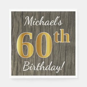 Serviette Jetable Faux Wood, Faux Gold 60e anniversaire + Nom person