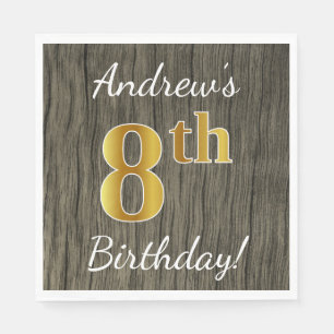 Serviette Jetable Faux Wood, Faux Gold 8e anniversaire + Nom personn