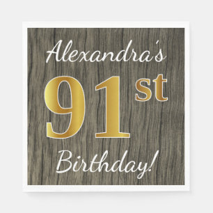Serviette Jetable Faux Wood, Faux Gold 91e anniversaire + Nom person