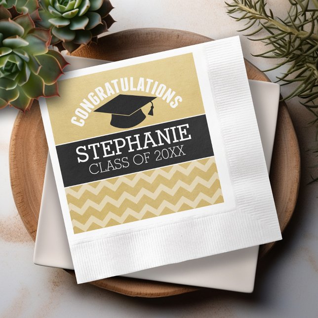 Serviette Jetable Félicitations Diplômé - Gold Black Graduation (Custom Graduation Napkins - Personalize these for the Grad Party)