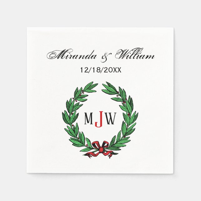 Serviette Jetable Festif Noël Noël Noël Holly Wreath Monogramme (Devant)