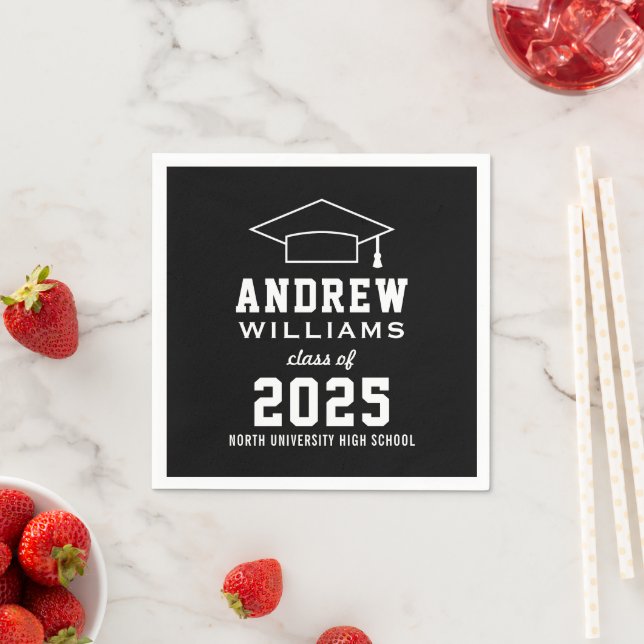 Serviette Jetable Fête de graduation moderne Black White Custom 2025 (En situation)