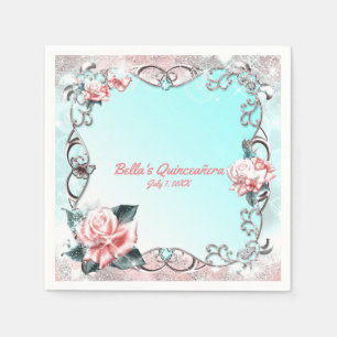 Serviette Jetable Fête de Quinceañera aux Roses et Papillons de Pêch