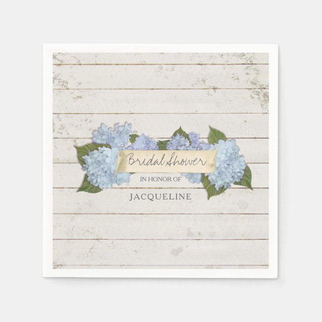 Serviette Jetable Fête des mariées Blue Hydrangea Shiplap Bois (Devant)