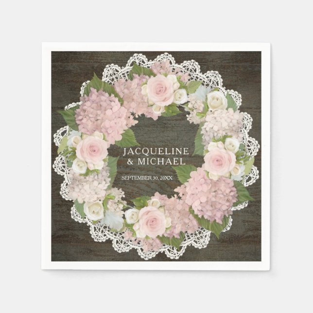 Serviette Jetable Fête des mariées dentelle en bois foncé Hydrangea  (Devant)