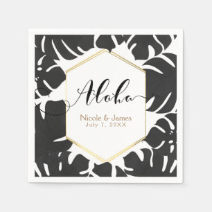 Serviette Jetable Feuilles Tropicales Noires Mariage Blanc et Or