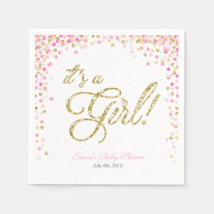 Serviette Jetable Fille Baby shower papier Napkin rose or Confetti
