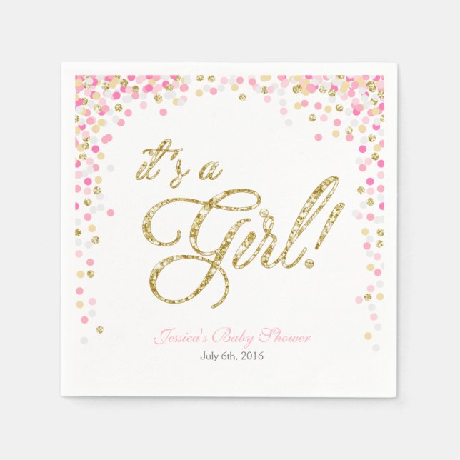 Serviette Jetable Fille Baby shower papier Napkin rose or Confetti (Devant)