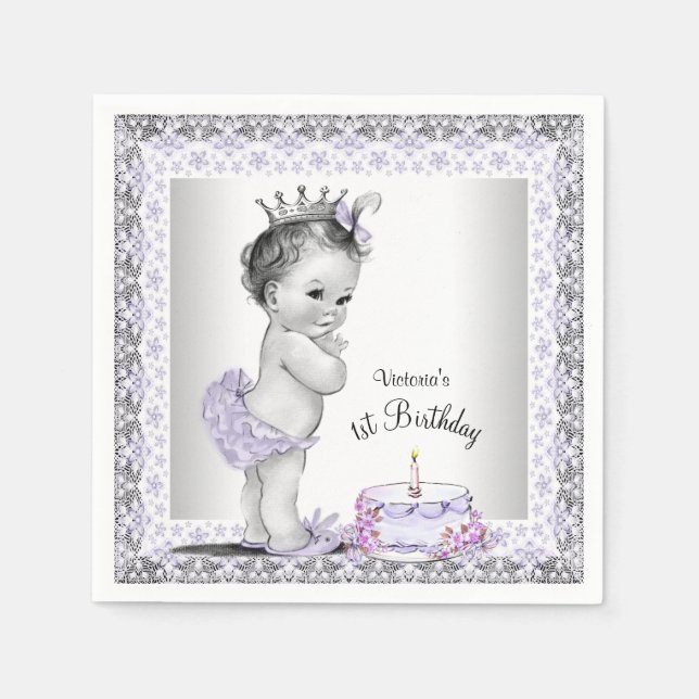 Serviette Jetable Filles Purple Princesse 1er anniversaire (Devant)
