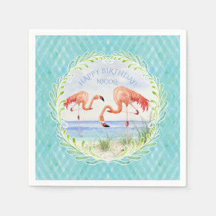 Serviette Jetable Flamant rose de Watercolor Beach Joyeux anniversai