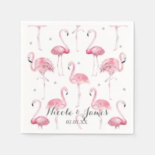 Serviette Jetable Flamants Roses Points Gris Chic Fête Motif Élégant