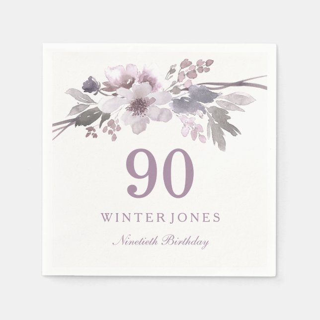 Serviette Jetable Fleur blanche violette Florale 90e fête d'annivers (Devant)
