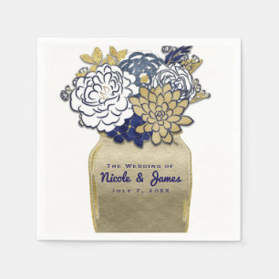 Serviette Jetable Fleurs dans un pot Mason Rustique Bleu Or Floral M