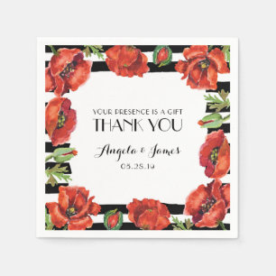 Serviette Jetable Fleurs de pavot rouge avec Mariage de rayures noir