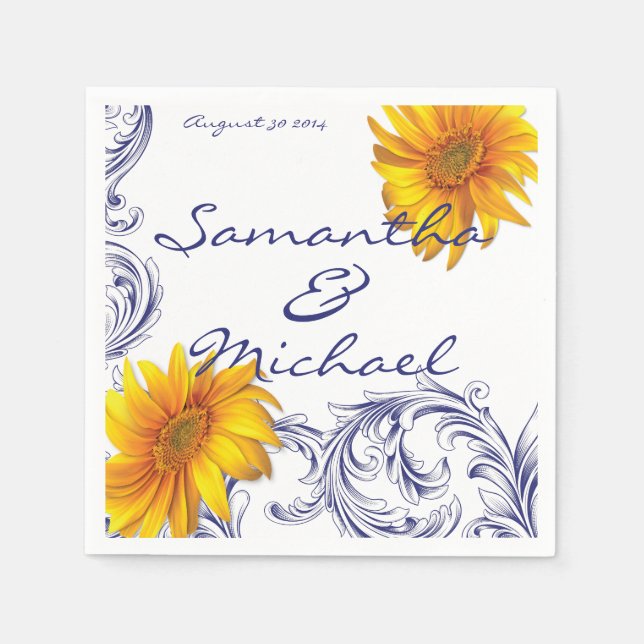 Serviette Jetable Fleurs de soleil bleu royal orange (Devant)